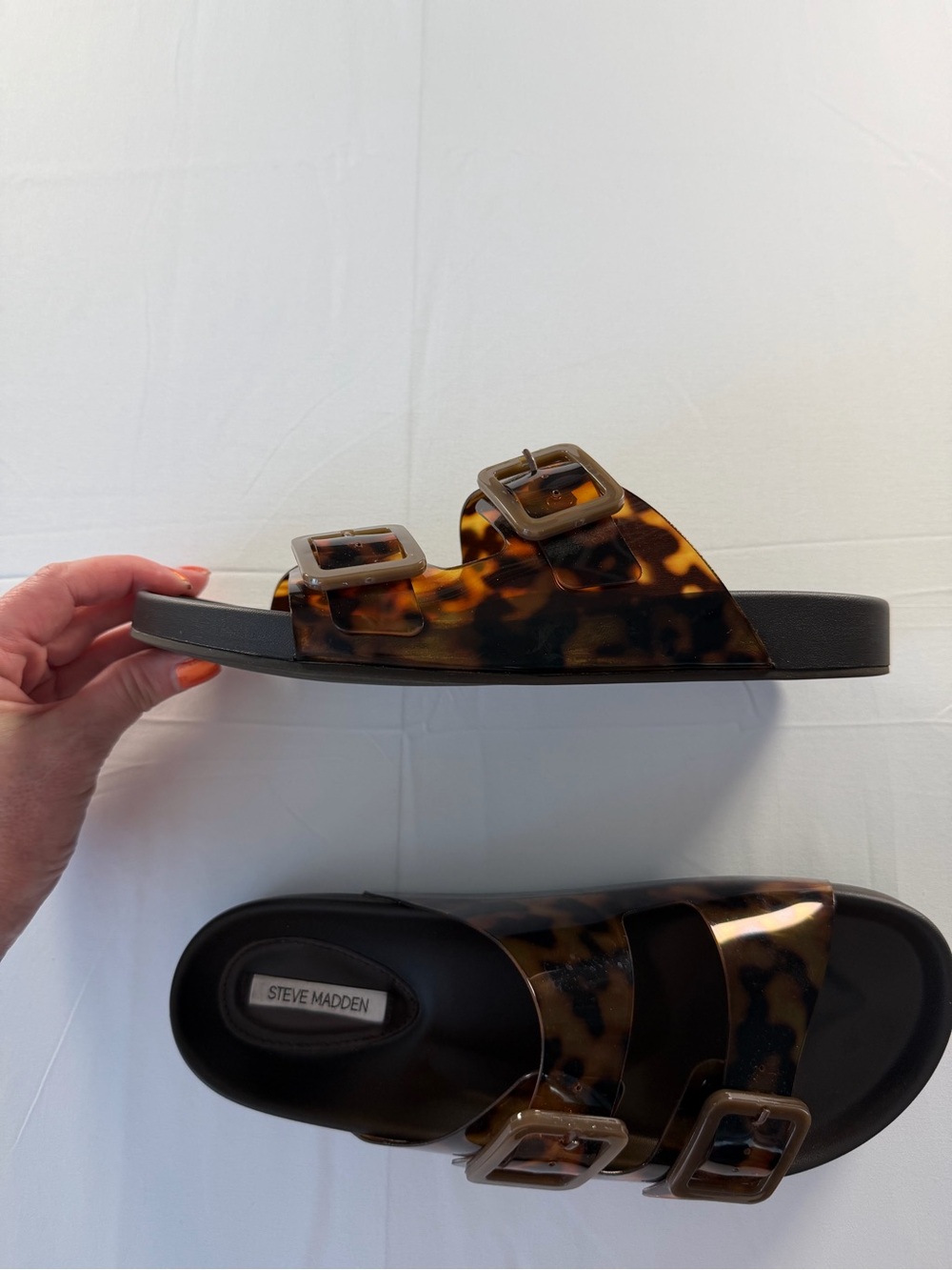 Steve Madden Tortoiseshell Double-Buckle Slide Sandals - Black/Tortoise - Picture 4 of 8